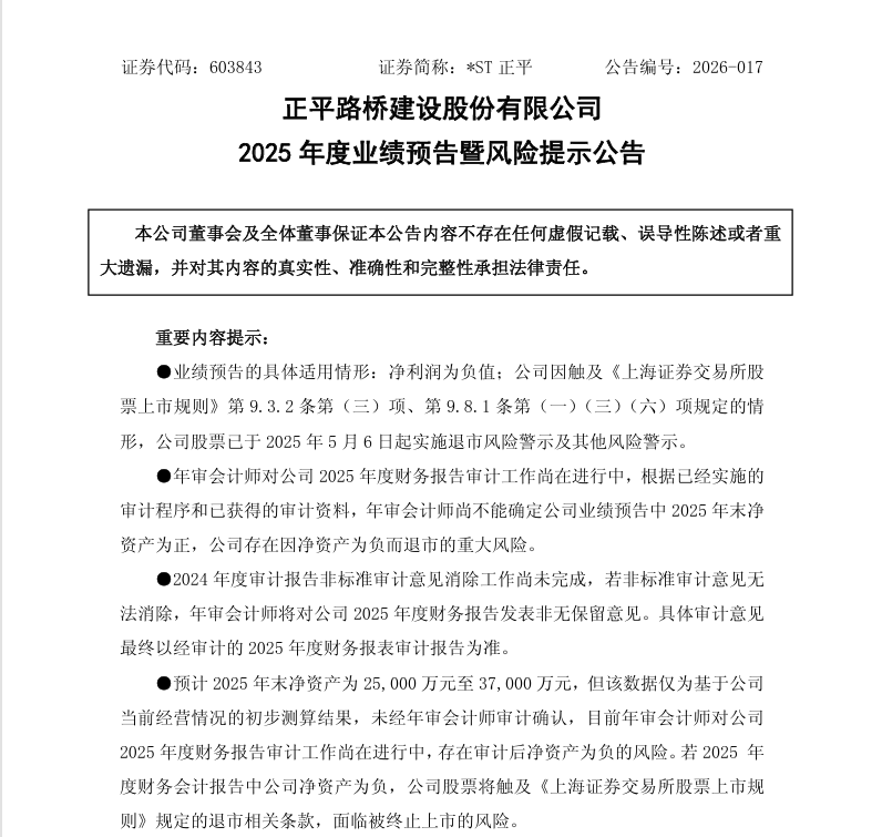 *ST正平:预计2025年末净资产为-3000万元至9000万元